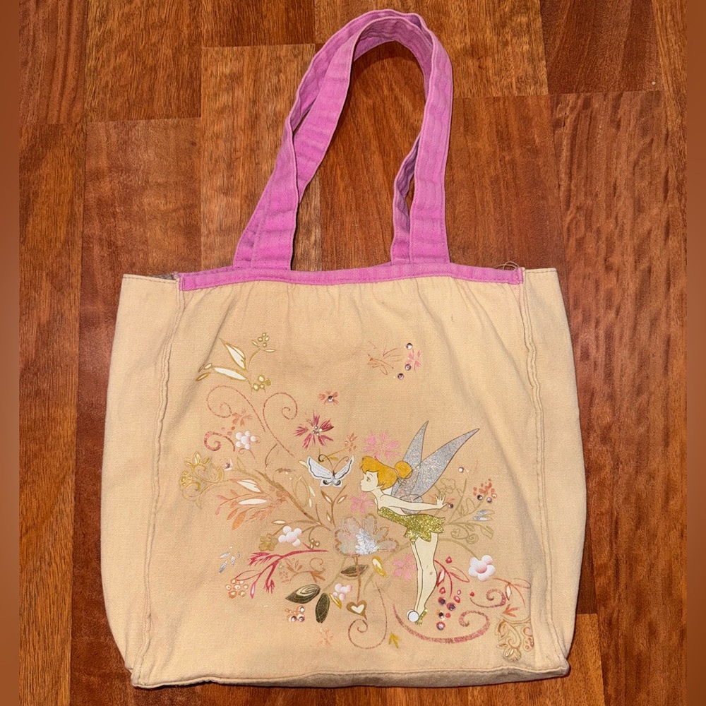 Disney tinker bell Embroidered bedazzled Tote Bag purse - Pink and Tan